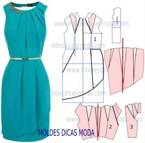 molde de vestido pregas no decote