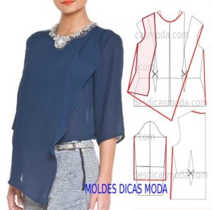 molde de blusa azul manga 3/4