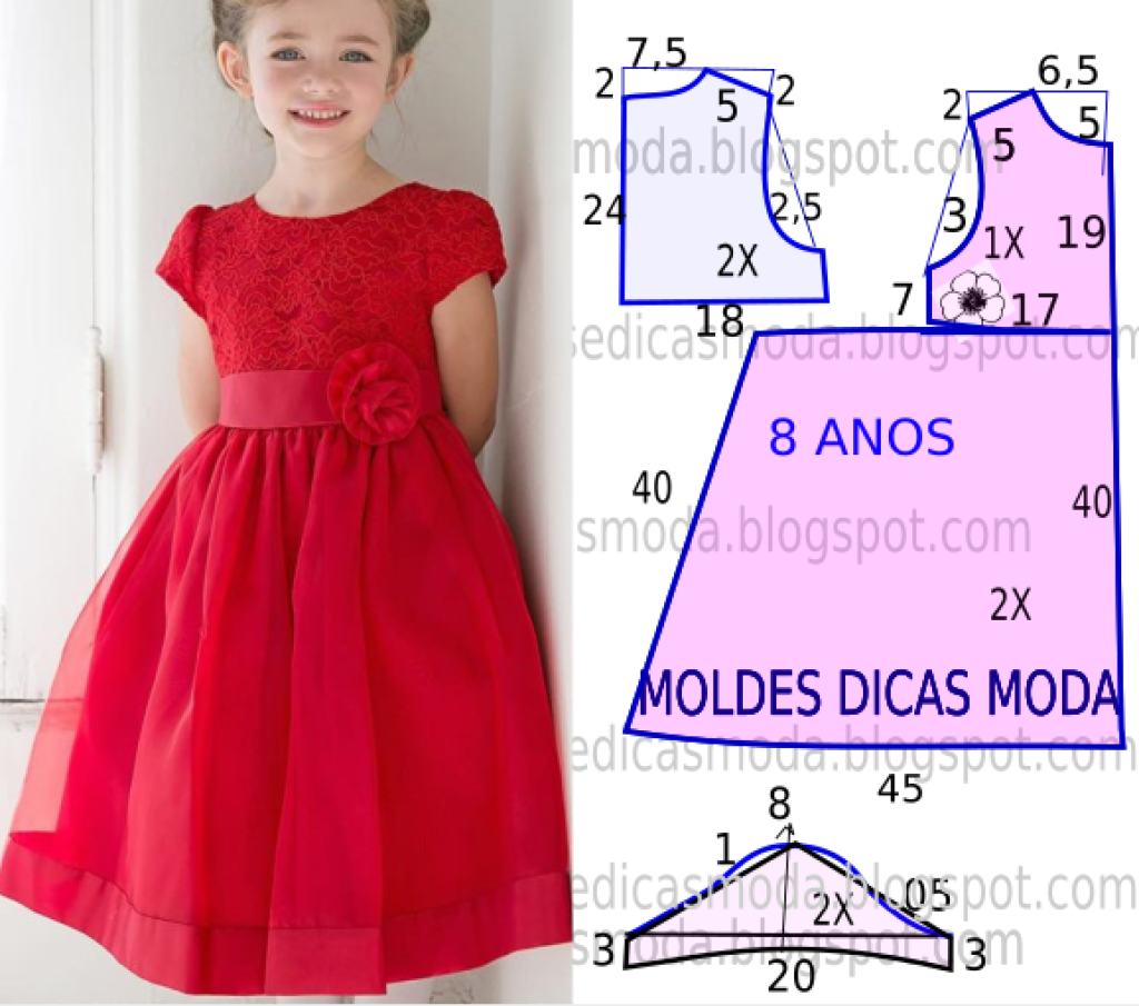 moldesdicasmoda.com - Molde de vestido para menina com idade de 9 anos,  visite o site para ver o passo a passo.